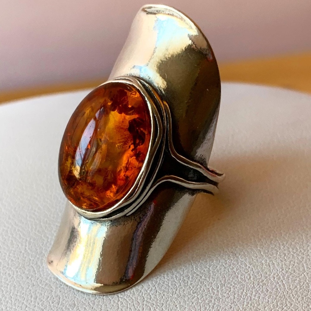HUGE ISRAEL MODERNIST AMBER CABOCHON KNUCKLE RING 925 STERLING SILVER STATEMENT